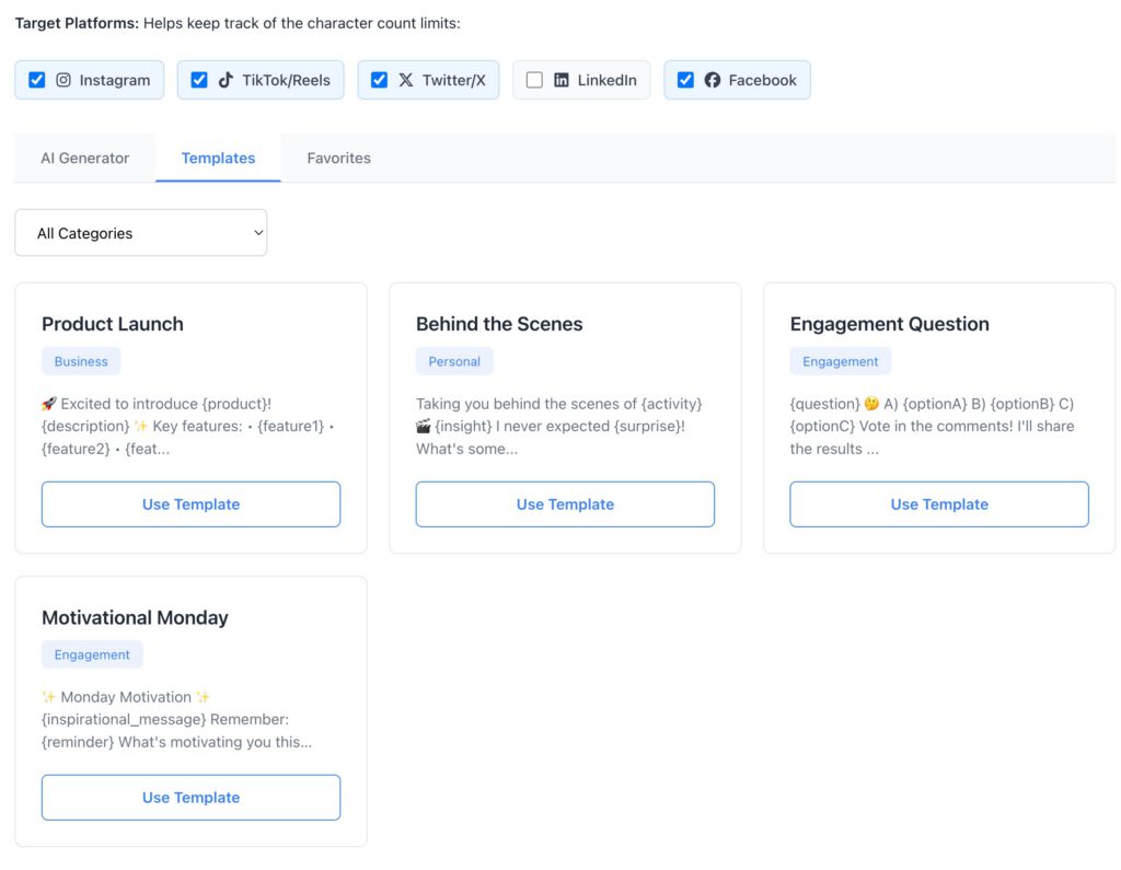 Screenshot of the template library showing template cards with categories