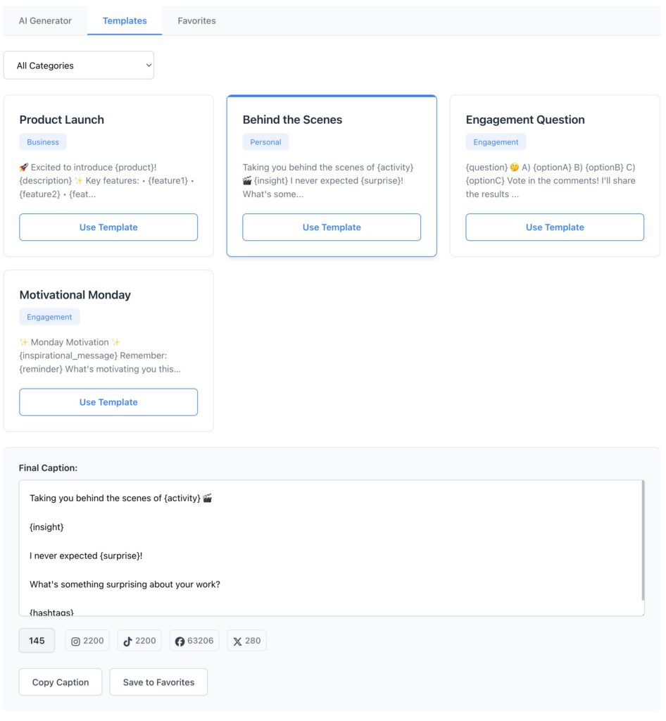 Screenshot of template selection process