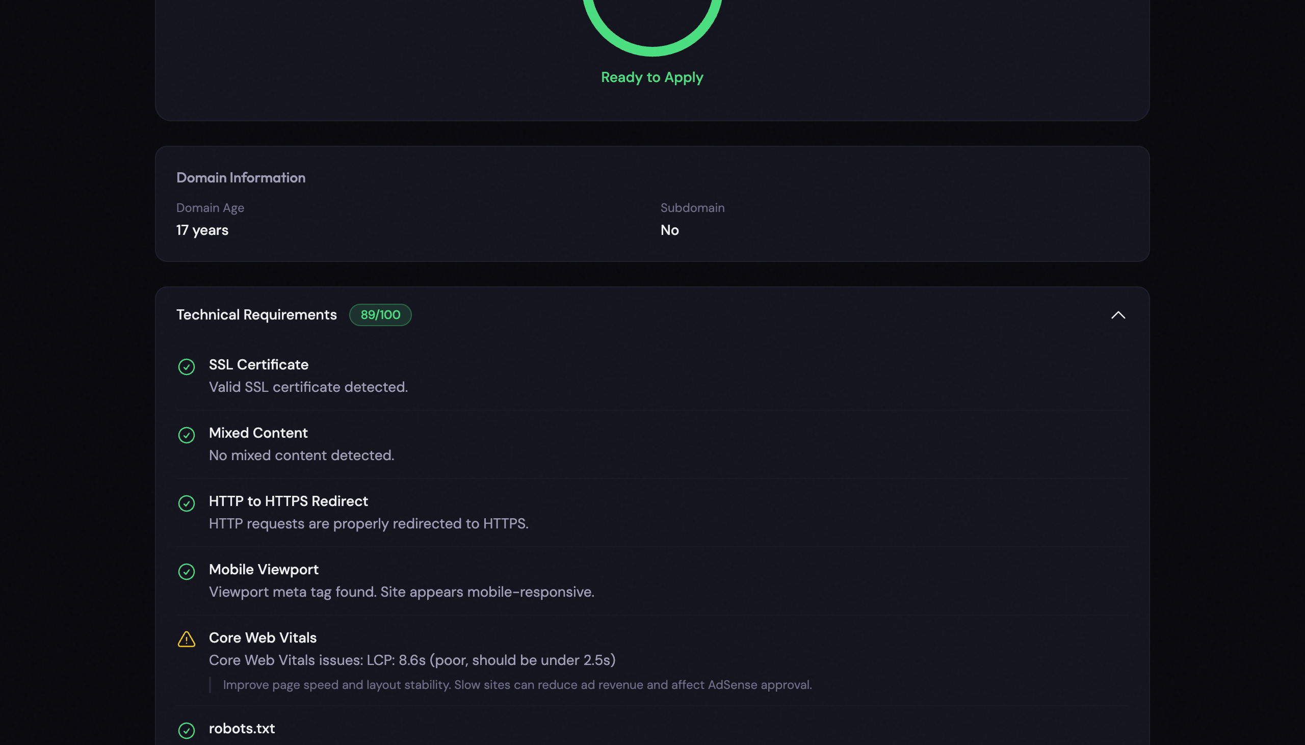 Expanded Technical Requirements layer showing individual check results for SSL Certificate, Mixed Content, HTTPS Redirect, Mobile Viewport, Core Web Vitals, and robots.txt with pass and warning indicators