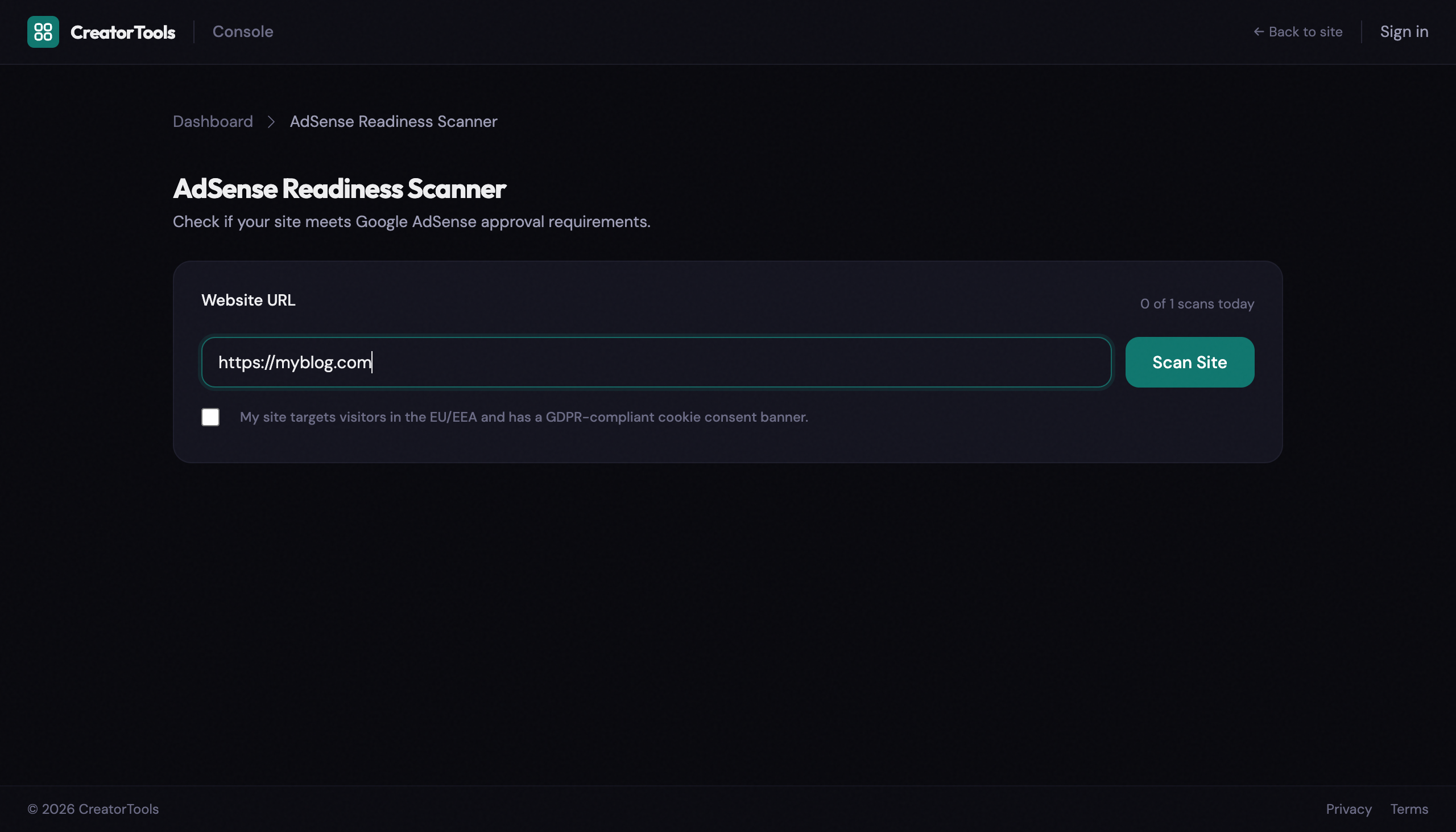 AdSense Readiness Scanner input form with a URL field, Scan Site button, and EU compliance checkbox