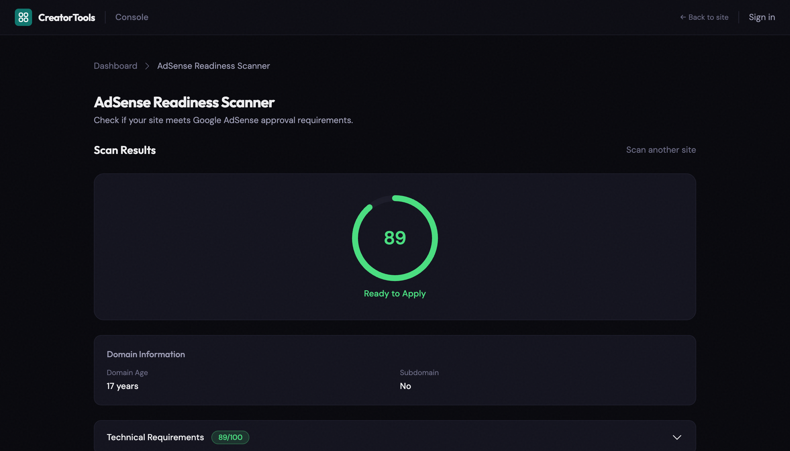 AdSense Readiness Scanner showing an overall score of 89 out of 100 with a Ready to Apply verdict, domain age of 17 years, and Technical Requirements scoring 89 out of 100