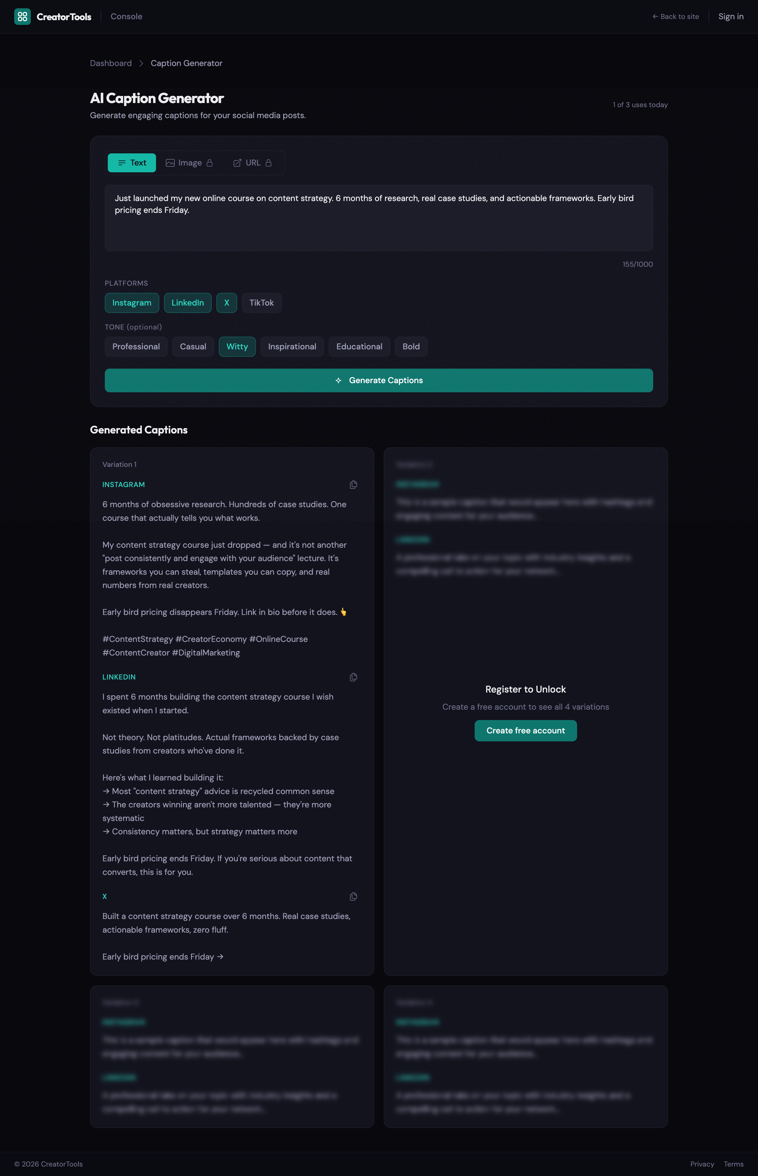 AI Caption Generator showing the full tool interface with text input, platform and tone selectors, and a 2-column grid of generated caption variations