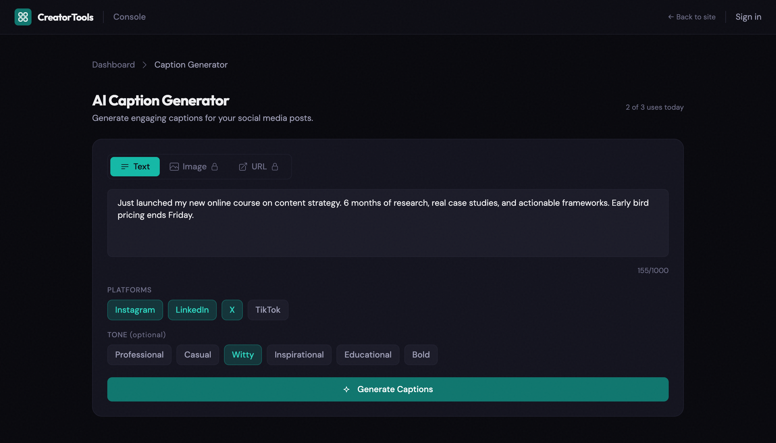 AI Caption Generator input form showing a text description, platform selectors for Instagram, LinkedIn, and X, and tone options including Witty