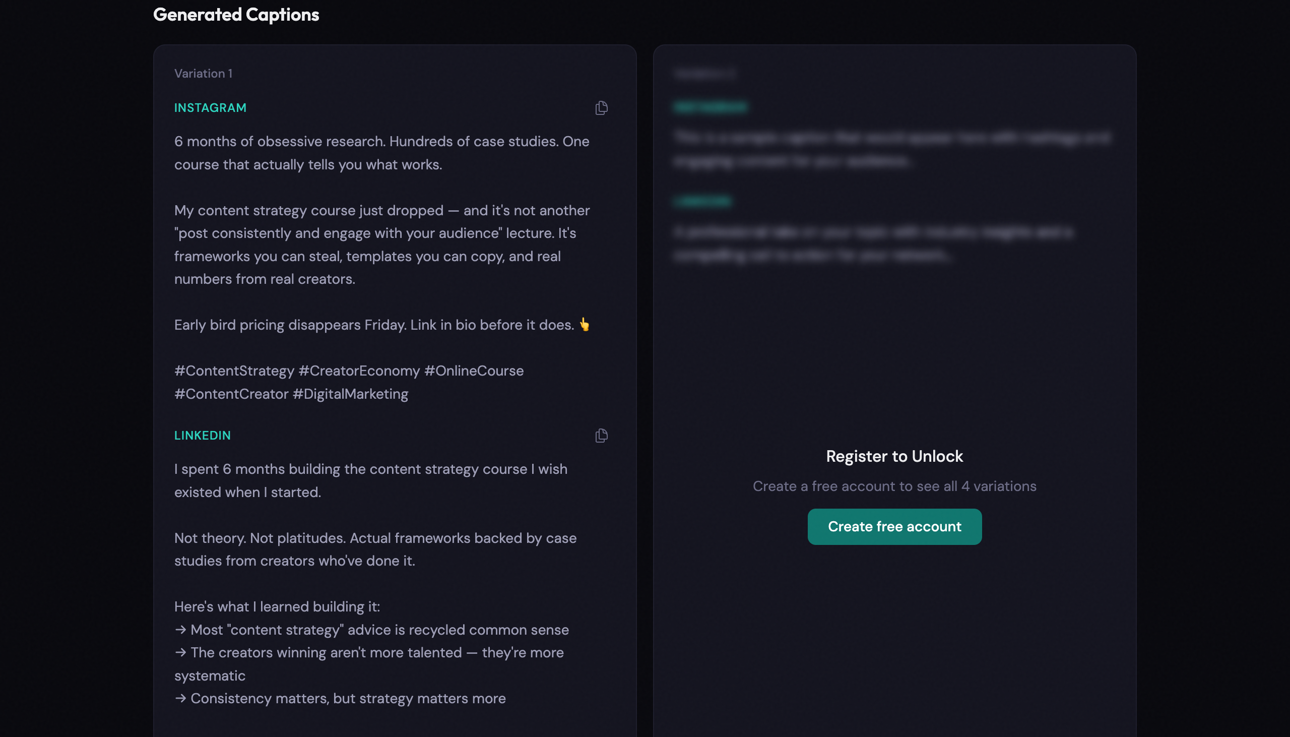Generated caption variations displayed in a 2-column grid with platform-specific captions for Instagram and LinkedIn