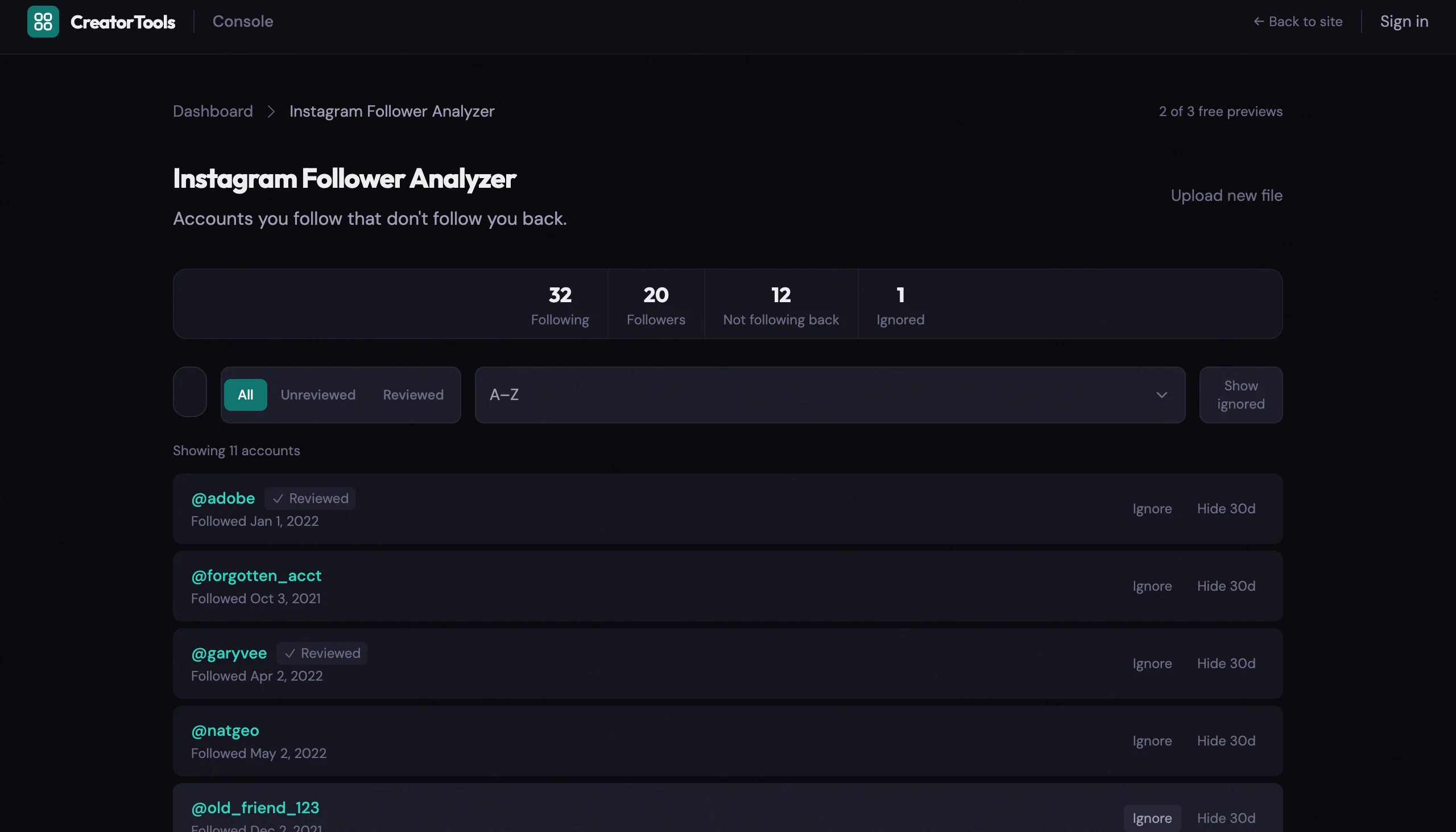 Instagram Follower Analyzer showing the stats bar with Following, Followers, and Not Following Back counts, plus a filtered list of accounts