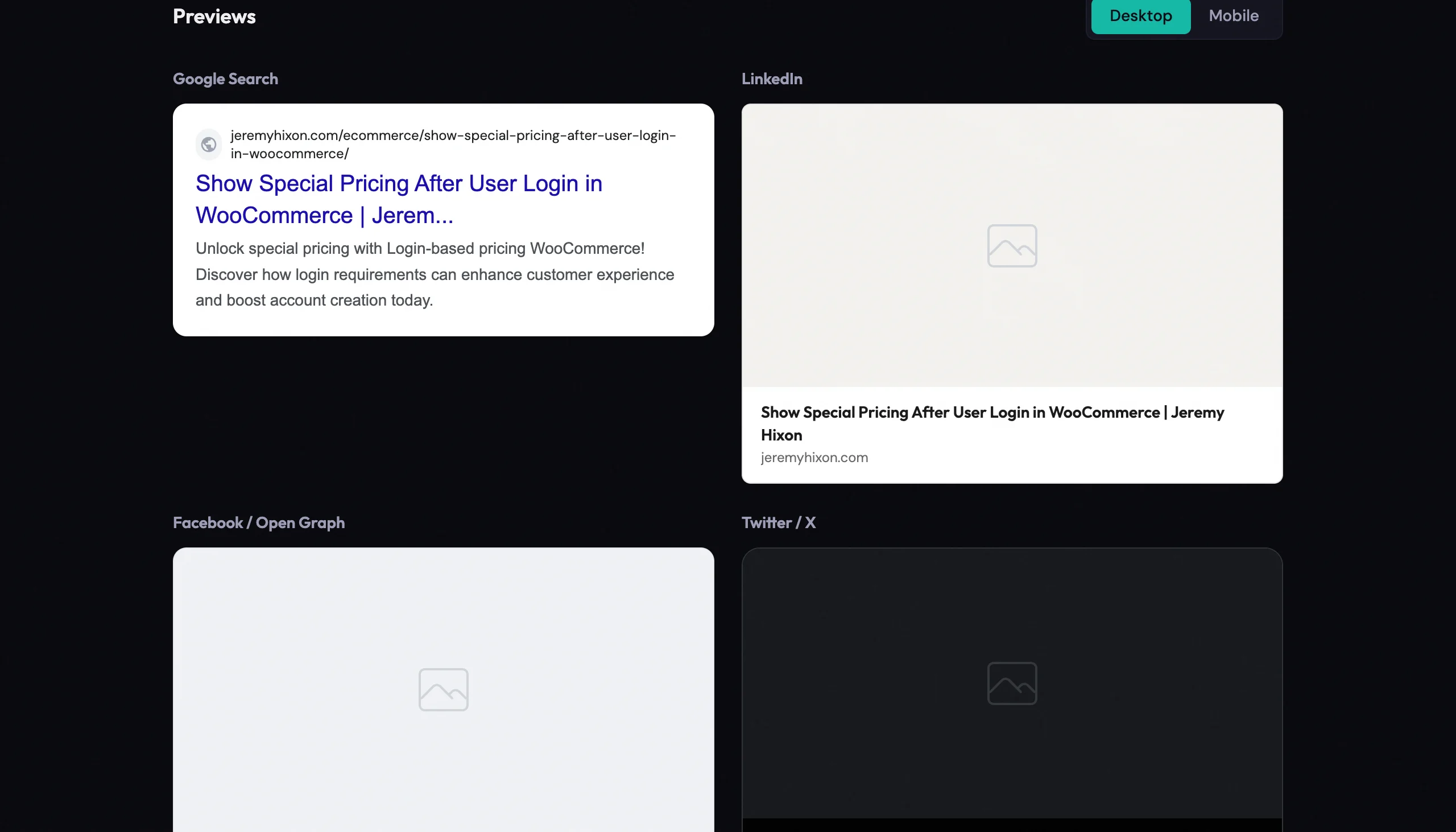 Meta Tag Previewer showing how the same page appears differently on Google, LinkedIn, Facebook, and Twitter