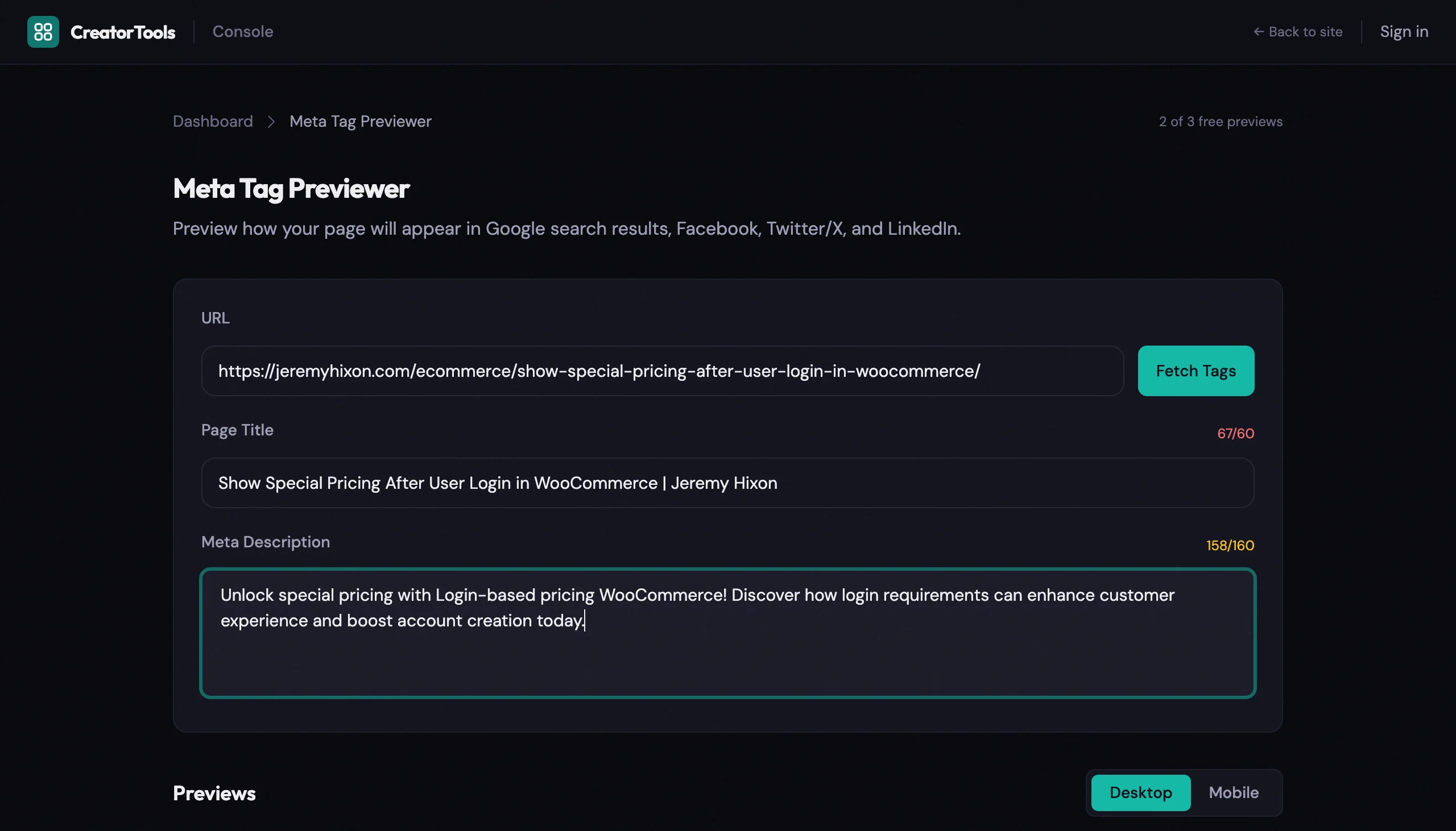 Meta Tag Previewer input fields showing a title at 67/60 characters (over limit) and description at 158/160 characters