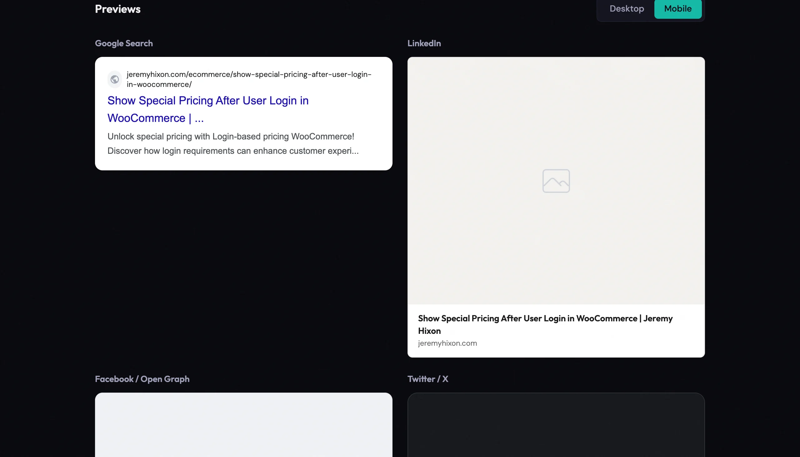 Meta Tag Previewer in mobile mode showing more aggressive title and description truncation