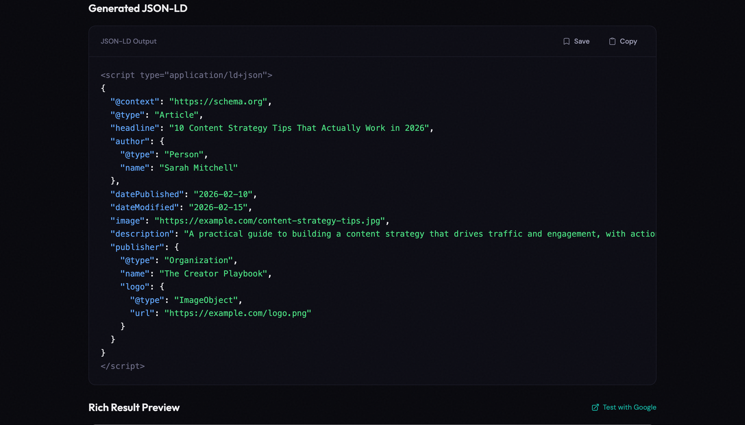 Schema Markup Generator showing syntax-highlighted JSON-LD output and a Google-style rich result preview for an Article schema