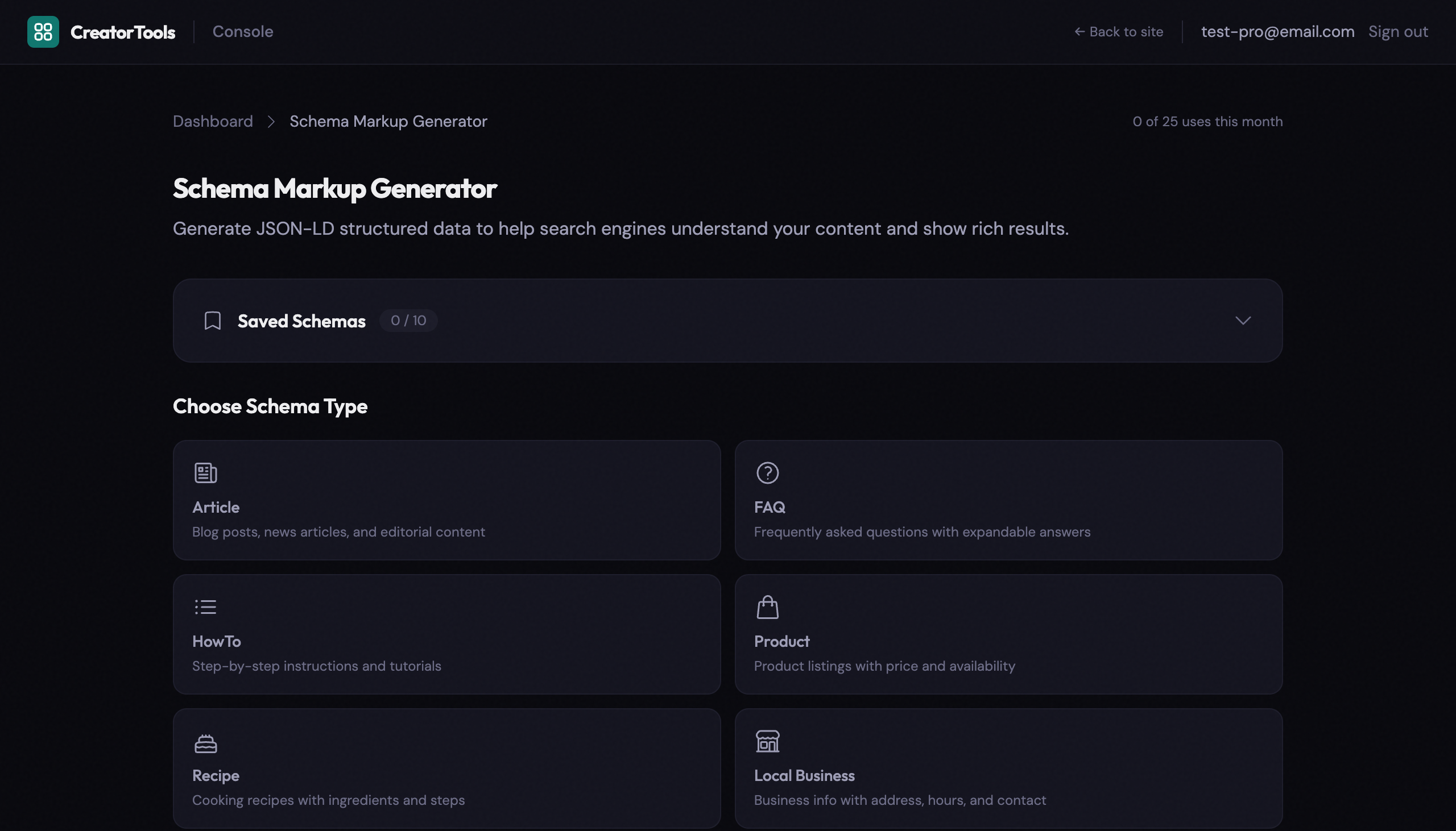 Schema Markup Generator type selector grid showing 8 schema types including Article, FAQ, HowTo, Product, Recipe, Local Business, Event, and Video