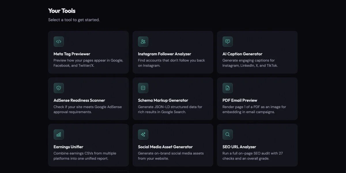 Screenshot of the CreatorTools.us console dashbaord