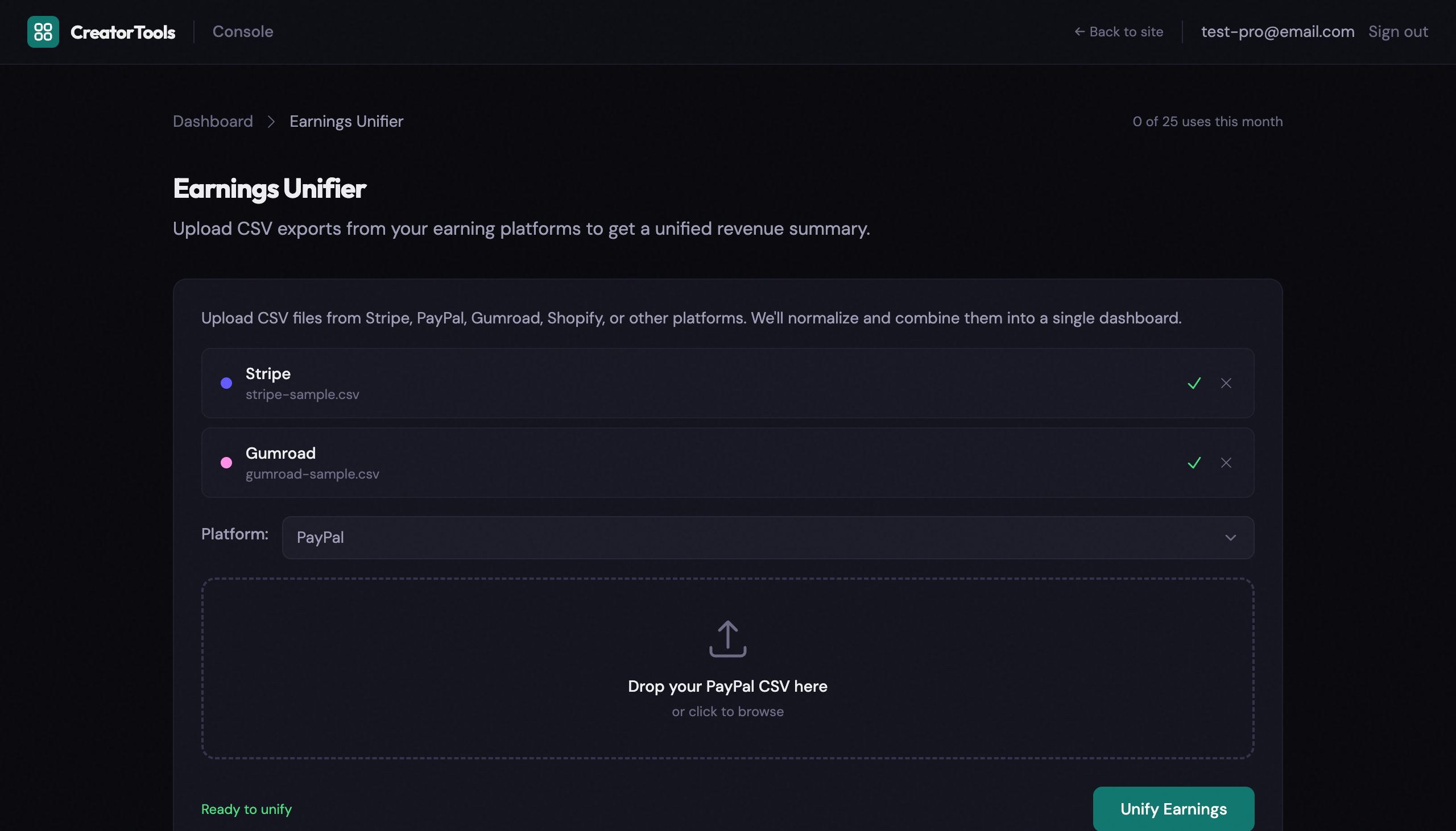 Earnings Unifier upload interface showing Stripe and Gumroad CSV files queued and ready to unify