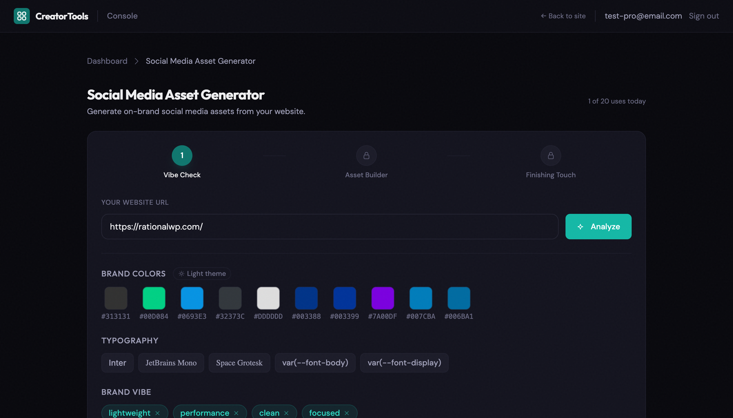 Social Media Asset Generator Vibe Check step showing extracted brand colors, typography, and vibe keywords pulled from a website URL