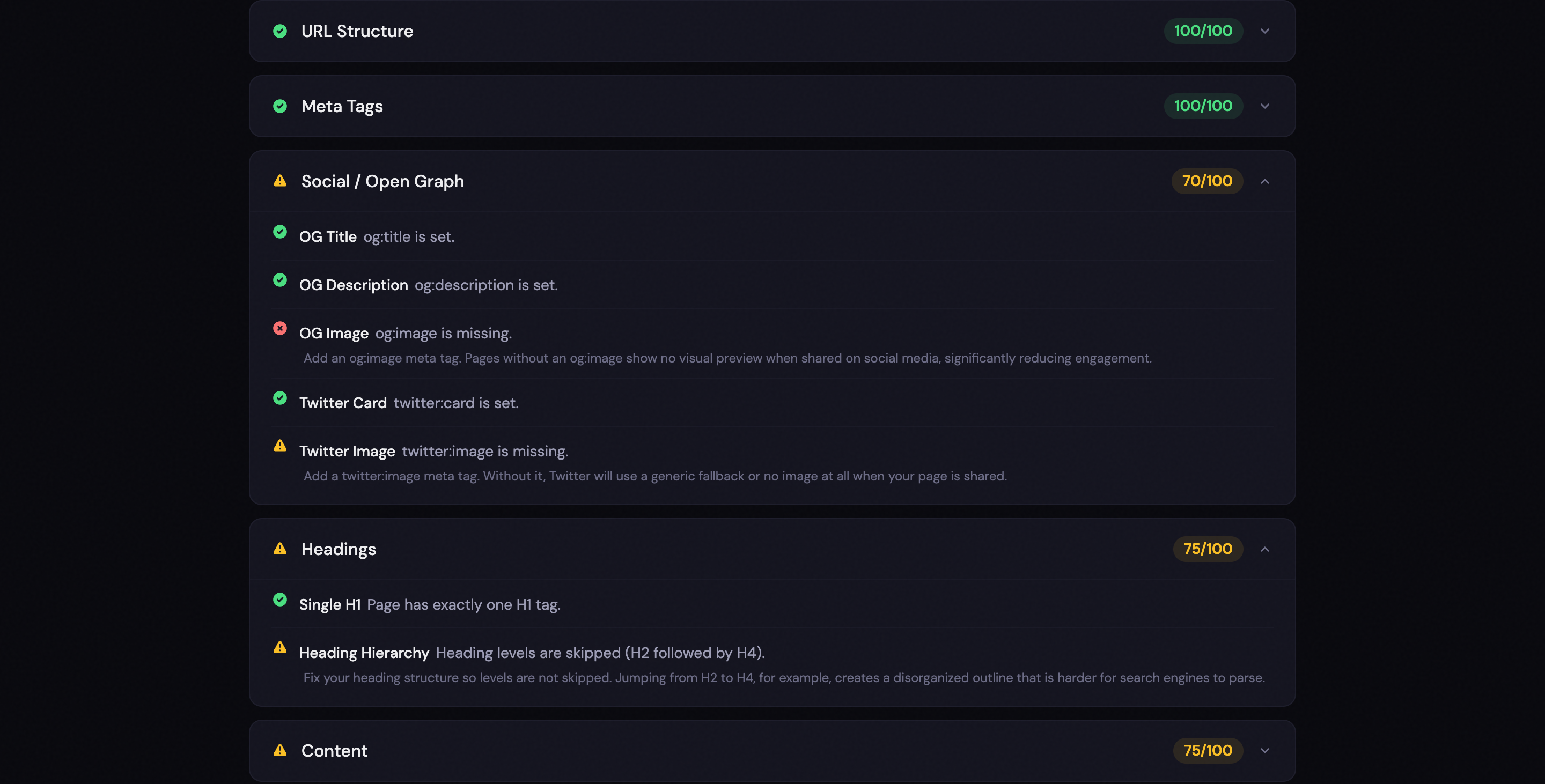 SEO URL Analyzer with Social/Open Graph and Headings categories expanded, showing individual pass/fail checks with actionable recommendations for missing og:image and twitter:image tags