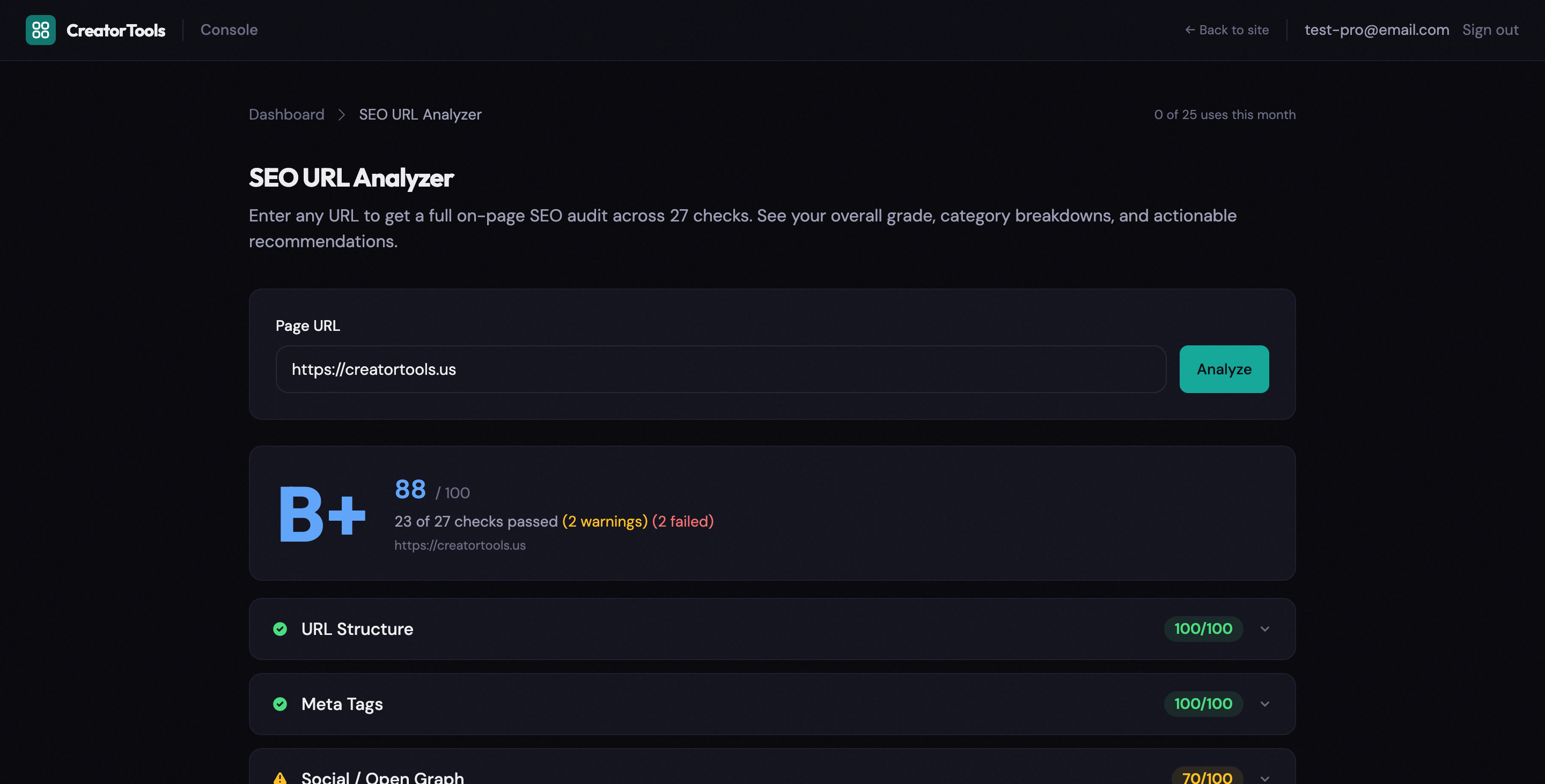 SEO URL Analyzer showing a B+ grade with 88/100 overall score and category breakdowns for URL Structure, Meta Tags, Social/Open Graph, Headings, Content, and Technical