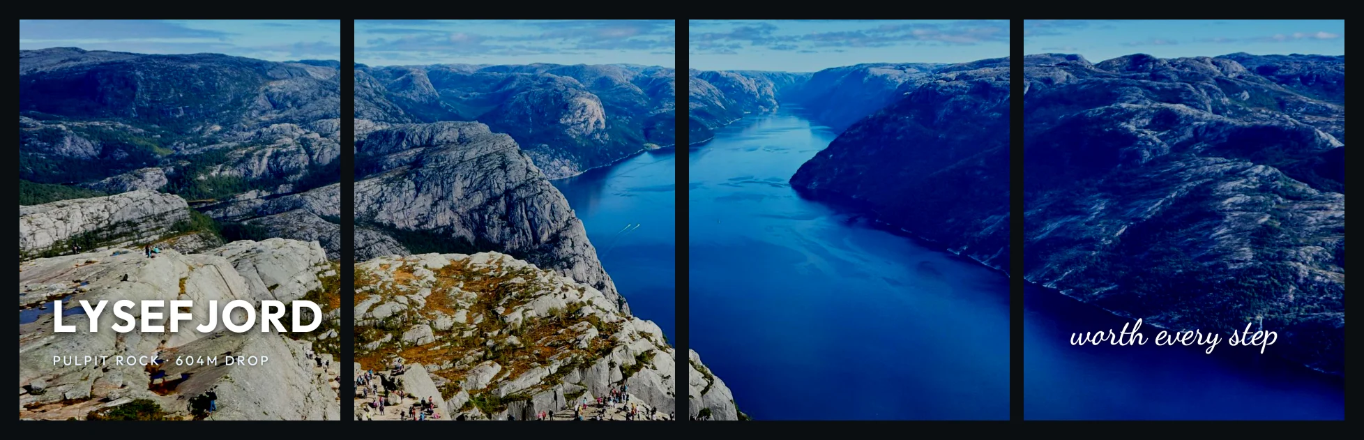 Four exported carousel slides shown side by side, forming one continuous fjord panorama with a headline on the first slide and a script caption on the last