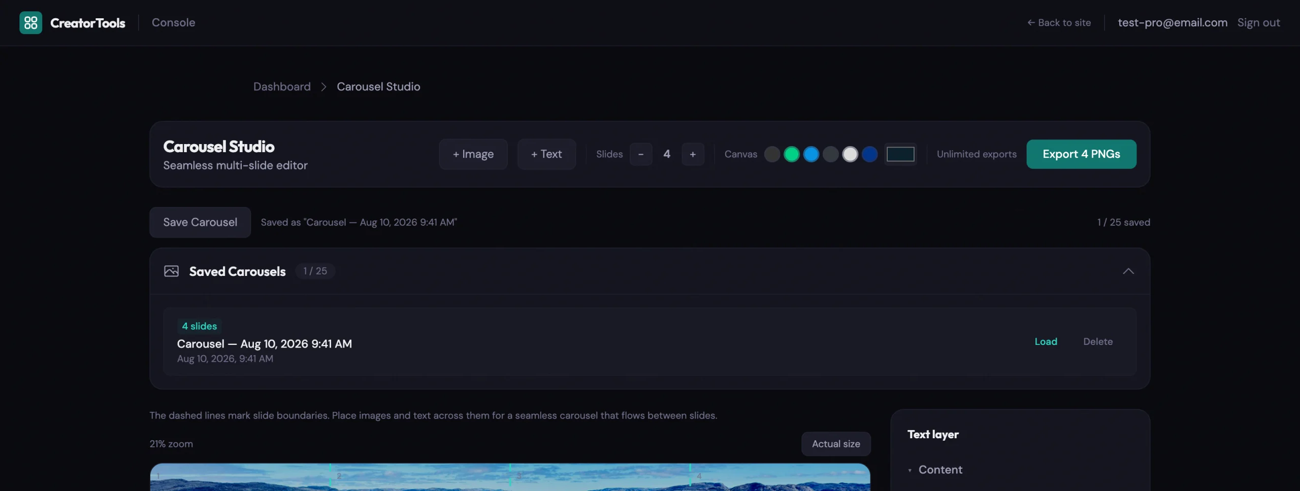 The Saved Carousels panel listing a saved four-slide project with Load and Delete options